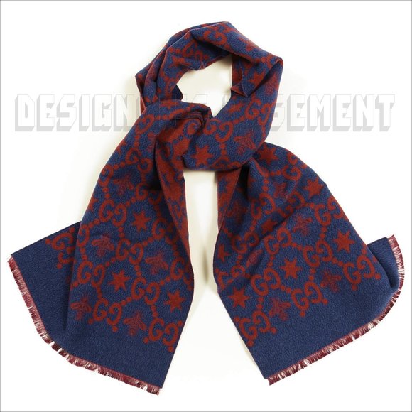 GUCCI red & blue CONSTELLATION Bee GG Stars wool/silk reversible long scarf NWT - Picture 5 of 12